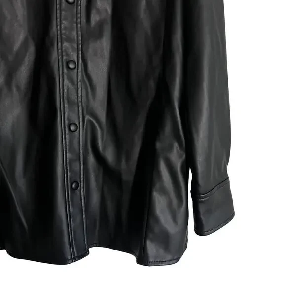 Faux Leather Button Down Shirt Jacket Black Women’s Small Oversized Longline - Picture 5 of 9